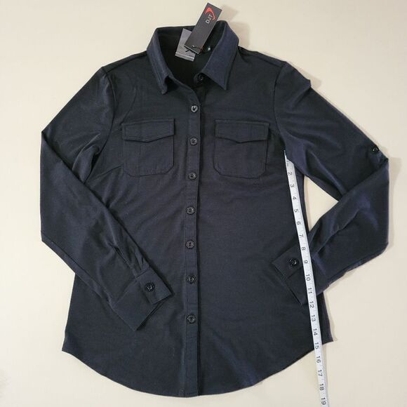 DJT Women’s Roll-Up Long Sleeve Solid Black Women’s Collared Button-Down Shirt - Picture 10 of 16